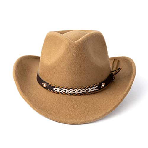 Western Cowboy Hat Felt Wide Brim Women Men Cowgirl Hats - color: Camel