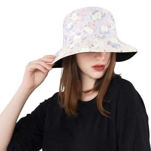 Lavender Floral Print Reversible Wide Brim Bucket Hat for Women
