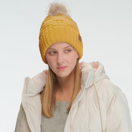 C.C Knit Beanie Hat – Fuzzy Fleece Lined Warm Winter Hat, Faux Fur Pom Soft Stretchy Slouchy Knit Cap, Cold Weather Beanie - color: Honey Mustard