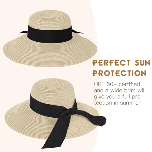 Beach Hat for Women, Wide Brim Sun Straw, UPF 50+ Foldable Floppy Sun Hat - color: A-beige