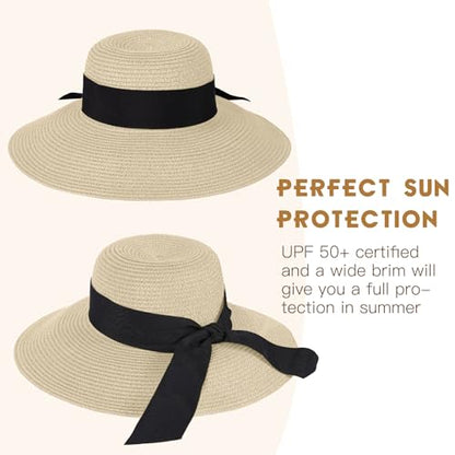 Beach Hat for Women, Wide Brim Sun Straw, UPF 50+ Foldable Floppy Sun Hat - color: A-beige