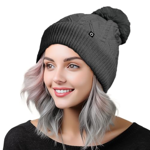 DALIX Cable Knit Pom Beanie Soft Stretch Skully Warm Fuzzy Faux Sherpa Winter Ski Beanie - color: Charcoal Gray