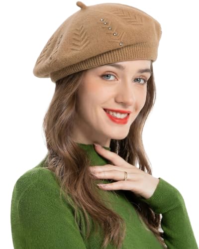 ZLYC Women French Beret Hat Reversible Solid Color Knit Warm Artist Cap - color: Rhinestones Camel