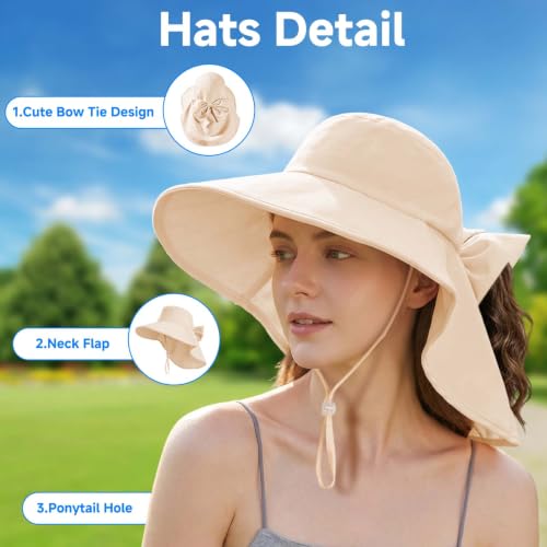 Womens Ponytail Hole Sun Hat with Neck Flap Outdoor UPF 50+ - color: Oatmeal