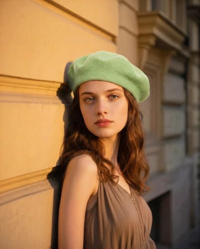 Wool French Beret Hats for Women Classic Winter Beanie Cap - color: Lime Green
