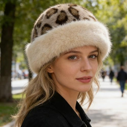 Winter Faux Fur Bucket Hat for Women, Cozy Leopard Print Cheetah Fuzzy Hat