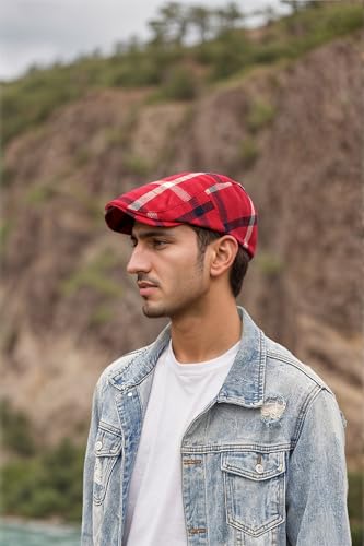 Men's Plaid Striped Newsboy Ivy Flat Driving Golf Cap - color: Black+red