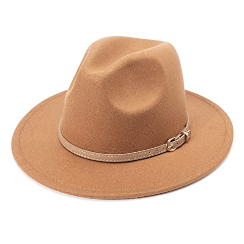 DRESHOW Women Classic Felt Fedora Wide Brim Floppy with Belt Buckle Panama Hat - color: Khaki (Khaki Belt)