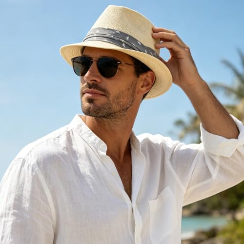 LIDHAY Straw Fedora Hat for Men Women |Short Brim Panama Sun Hat - color: Beige