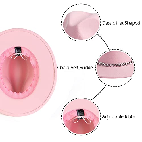 Women Men Wide Brim Fedoran Hat with Chain Belt Buckle - color: Pink