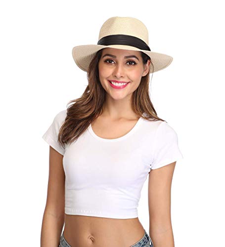 Lanzom Women Wide Brim Straw Panama Roll up Hat Fedora Beach Sun Hat UPF50+ - color: 02-fold Belt Beige, size: One Size-Medium