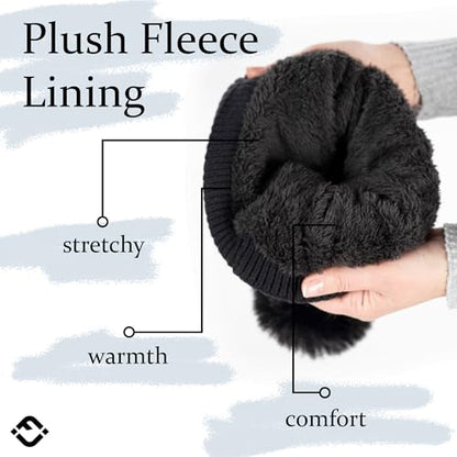 Funky Junque Basics Womens Pom Pom Beanie Winter Hats Cute Diagonal Pattern Fleece Lined Warm Stocking Caps Pompom Toboggan - color: Black