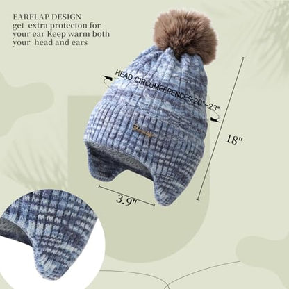 FENELY Women's Knitted Warm Beanie Winter Hat, Warm Chunky Snow Hat with Pompom - color: Bluespacedye