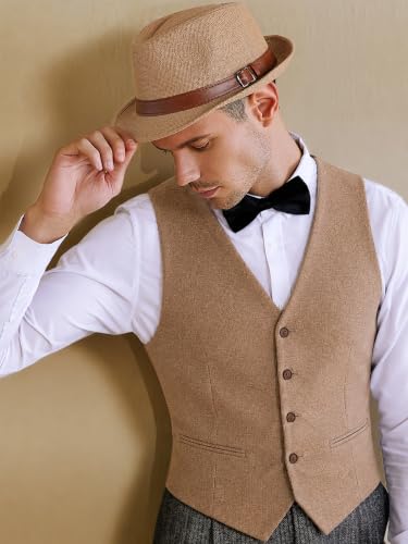 BABEYOND Men's 1920s Short Brim Trilby Fedora Hat - color: W-khaki
