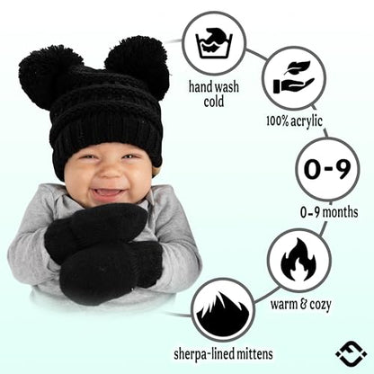 Funky Junque Baby Double Faux Fur Pom Pom Beanie & Mittens Set – Newborn Infant 0–9 Months Winter Hat with Soft Lined Mittens - color: Black (0-9 Months)