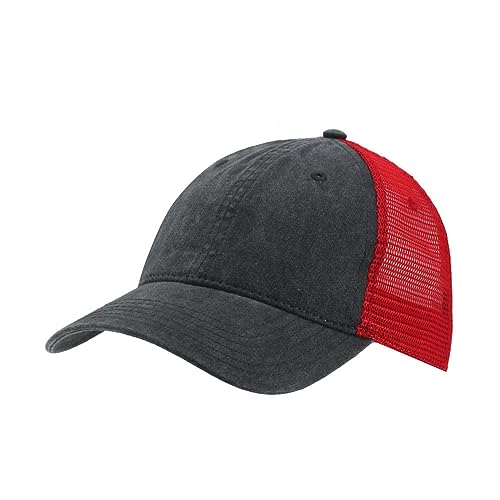 Vintage Washed Cotton Soft Mesh Adjustable Baseball Cap - color: Charcoal/Charcoal/Red