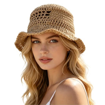Floppy Big Beach Straw Hats for Women Foldable Summer Wide Brim Packable Sun Hat Womens Travel Straw Fedora Hat - color: Khaki-8