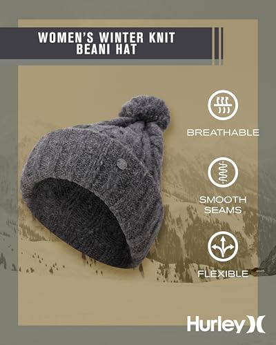 Hurley Womens Ribbed Cable Knit Cuff Beanie Hat with Pom - color: Grey