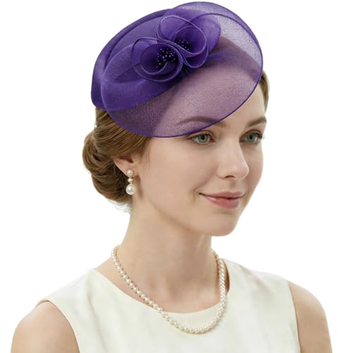 DRESHOW Fascinator Hats for Women Cocktail Tea Party Hat Netted Pillbox Hat Vintage Derby Hats for Bridal Wedding - color: Pillbox Hat: Dark Purple