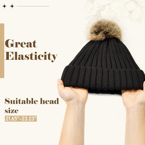 Satin Lined Beanie for Women with Detachable Pom Pom, Winter Cuffed Hat - color: 01 Black
