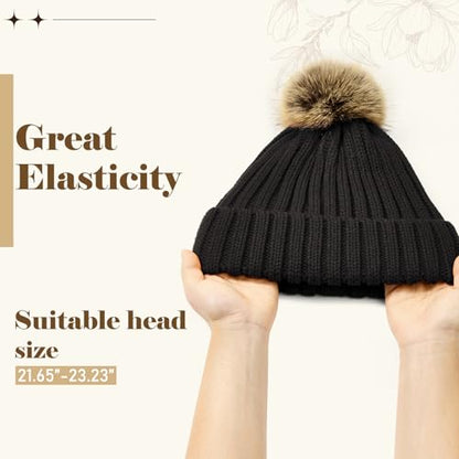 Satin Lined Beanie for Women with Detachable Pom Pom, Winter Cuffed Hat - color: 01 Black