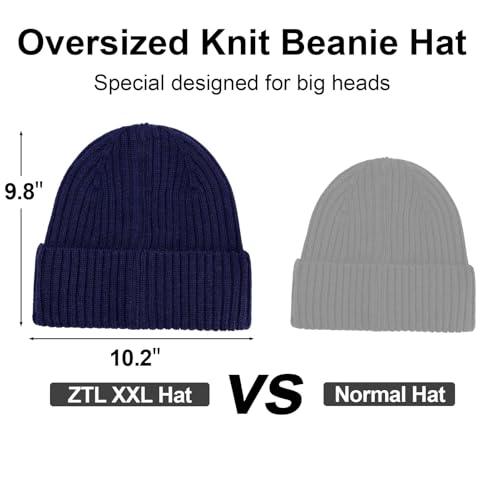 ZTL M/L/XL/XXL Merino Wool Beanie for Men Women, Fleece Lined Large Winter Hat, Big Knitted Cuffed Beanie Ski Skull Cap - color: Navy Blue, size: X-Large-XX-Large