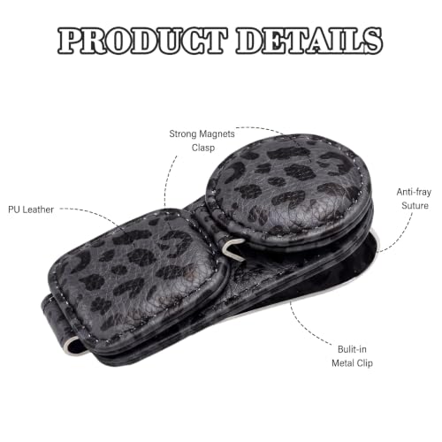 Dual Clip Car Sunglasses Holder, Applicable to Most Eyeglasses, Magnetic Leather Sun Glasses Mount Clip on Visors, Holds 2 Pairs of Glasses, Car Interior Visor Accessories (Leopard-Black)