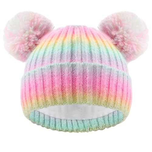 Toddler Winter Knit Hat Upgrade Fleece Lined Pompom Ears Beanies Cap for Boys Girls 3-12 Years - color: Rainbow Color