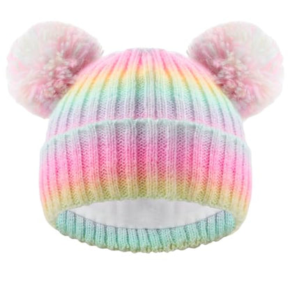 Toddler Winter Knit Hat Upgrade Fleece Lined Pompom Ears Beanies Cap for Boys Girls 3-12 Years - color: Rainbow Color