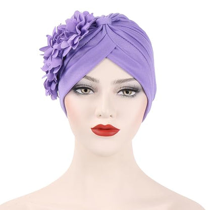 Flower Pre-Tied Turban Beanie, Soft Chemo Cap for Women Cancer Hair Loss - color: Light Purple