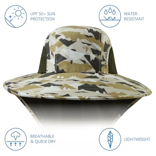 BASSDASH UPF 50+ Unisex Water Resistant Wide Brim Sun Hat with Large Neck Flap Ponytail Fishing Hat for Men Women - color: Mountain Camo/Amy Green