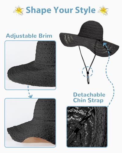 Sun Beach Hats Women Floppy Summer Sunhat with Wide Brim Packable Foldable Travel Accessories - color: Black, size: Medium
