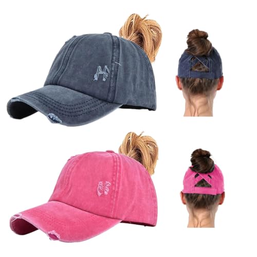 2 Packs Womens Criss‑Cross High Ponytail Trucker Hat, Cotton Vintage Washed Distressed Adjustable Baseball Cap - color: 2pcs 08