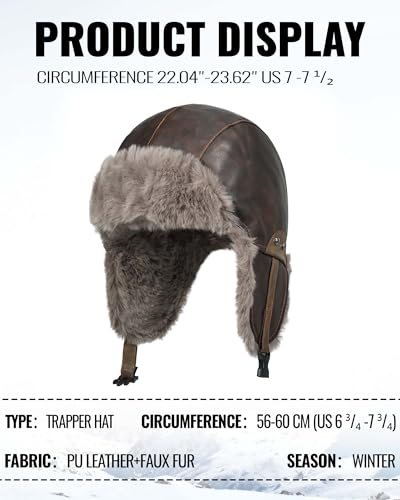 Croogo Eskimo Hat Russian Ushanka Trooper Hat Leather Trapper Aviator Hats Fur Lined Earflap Winter Cap Snow Ski Hats - color: Pl2508-brown