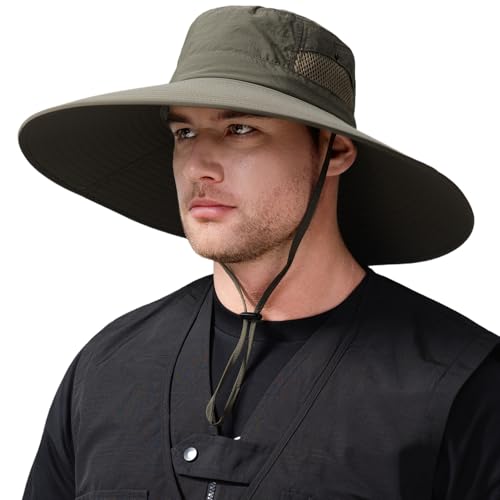 Wide Brim Sun Hat for Men Women UV Protection Bucket Fishing Hats - color: Army Green Solid