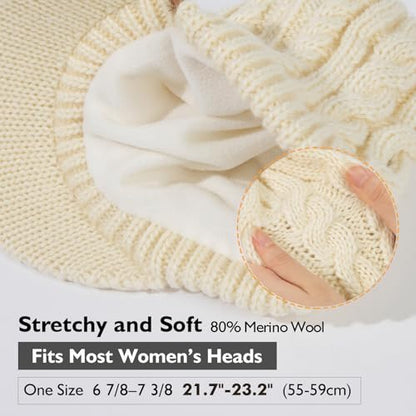 ChicPony™ Merino Wool Visor Ponytail Beanie with Brim Fleece Lined 3 Bun Openings Hole Warm Windproof Knit Cap Winter Hat - color: Ivory Cream(pony)