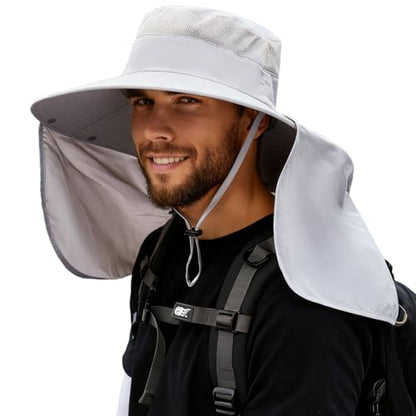 HUAMULAN Women Men Wide Brim Sun Hat Hiking Fishing Hats with Neck Flap - color: Light Gray With Mesh Panel