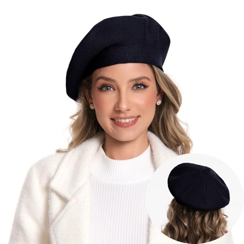 Women's Knitted Beret, French Style Double Layer Winter Autumn Warm and Soft Beanie Hat Cap - color: Black