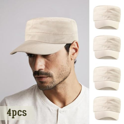 Glamorstar Unisex Cadet Army Hats 4 Pieces Military Flat Top Newsboy Cap - color: 4 Beige