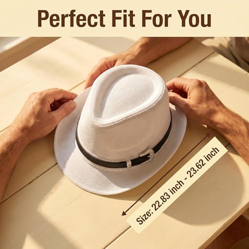 Classic Fedora Hat for Men Women Short Brim Panama Summer Beach Hat Accessories with Belt Buckle - color: White, size: Small-Medium