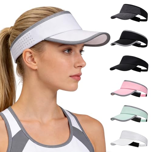 BEARAE Sun Visor Hats for Women, Adjustable UV Protection Womens Sun Hat, Wide Brim Hats Golf Sports Cap for Women Ponytail - color: White + Light Grey