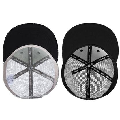 BASSDASH 2 Pack Flat Brim Trucker Cap Adjustable Snapback Hat Mesh Back for Men Women Fishing Hunting - color: Heather Grey and Black & Black Geometry