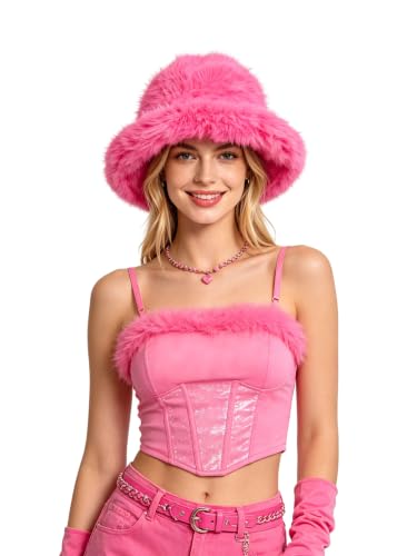 Lina & Lily Oversized Winter Faux Fur Bucket Hat for Women - Long Pile Fur Wide Moldable Brim - color: Hot Pink