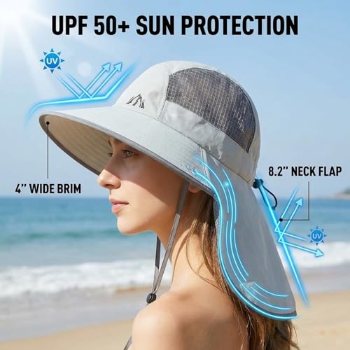 UV Sun Protection Hat Women Foldable Neck Flap Wide Brim Fishing Hat with Ponytail Hole for Women - color: Rock Gray2
