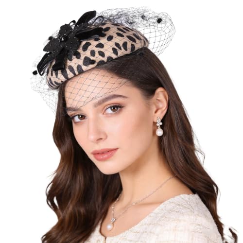 Fascinator Hats for Women with Veil Vintage Leopard Print Pillbox Hat - color: Leopard