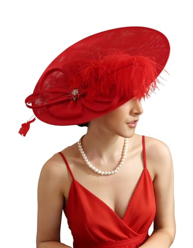 Unpifolov Fascinators Hats Elegant Women Flower Mesh Feathers Wedding Cocktail Bride Headband for Derby Hat Tea Party - color: Red