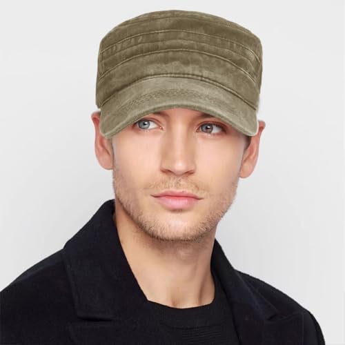 Cadet Army Cap Washed Military Army Hat Vintage Flat Top Hat for Women Men - color: Beige