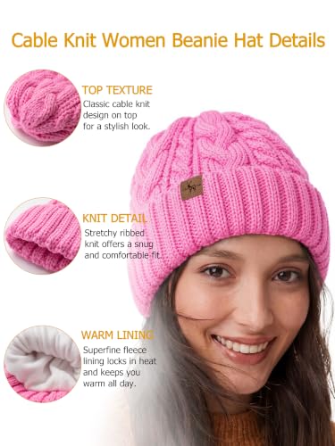 Winter Hats for Women Cable Knit Chunky Skull Cap Fleece Lined Thick Fold Cuff Beanie hat - color: Pink, style: Wheat Spike