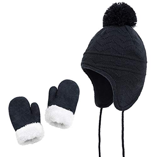 jerague Hats and Gloves Set for Kids Toddler Baby Girls Boys Warm Earflap Beanie Fleece Hats Mittens - color: Navy Blue, size: 1-3T
