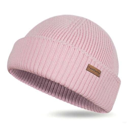 100% Merino Wool Fisherman Beanie for Men Women, Short Knit Cuff Trawler Winter Hat, Warm Soft Outdoor Gift - color: Light Pink